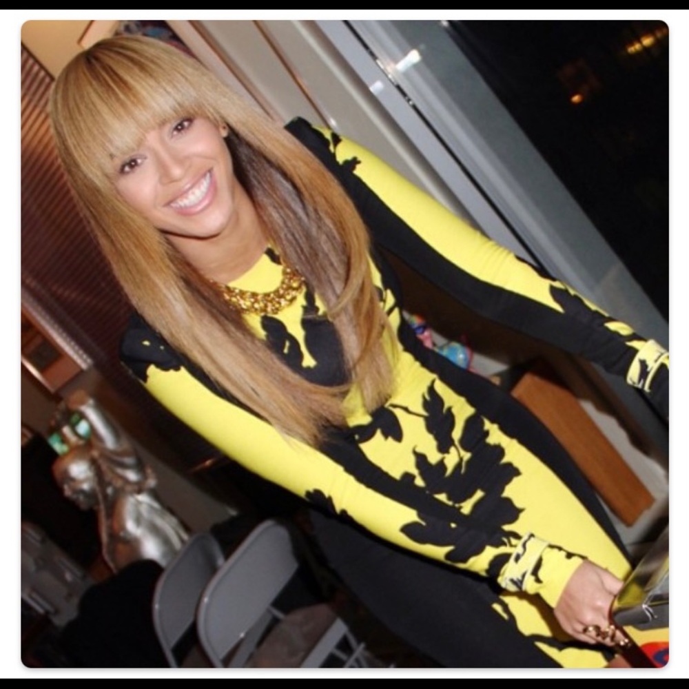 Black Leaf Yellow Long Sleeve Fitted Beyonce Dress Large